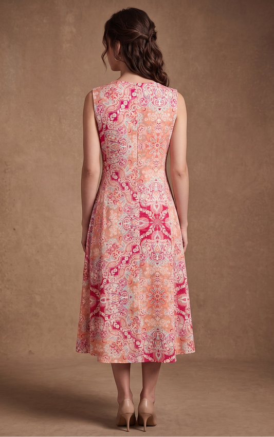 Coral Paisley Sleeveless Midi Dress