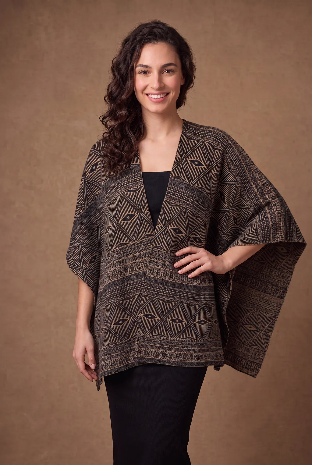 Mocha Aztec Diamond Jacquard Poncho Cape 2