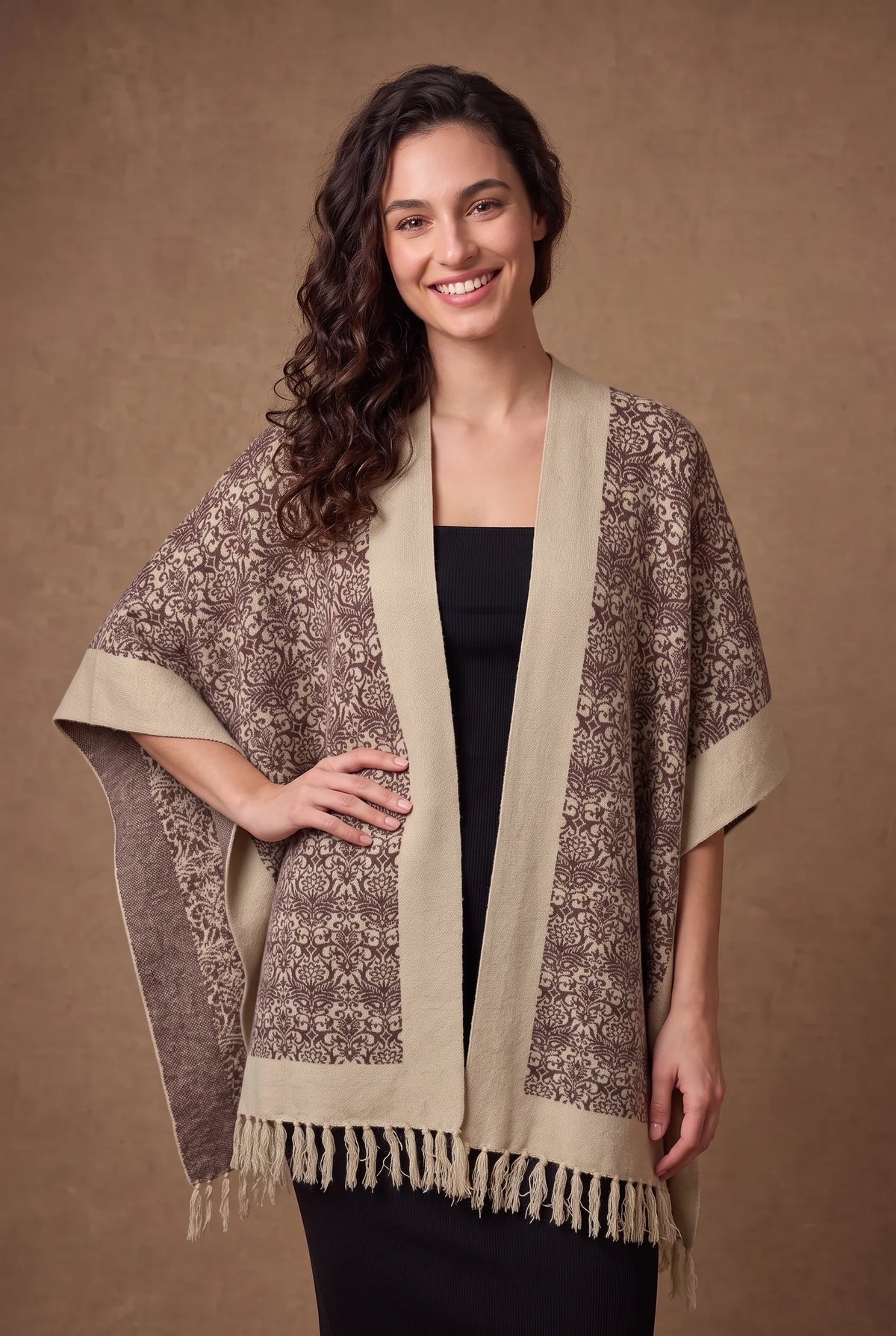 Ivory & Brown Damask Jacquard Fringed Poncho Cape 1