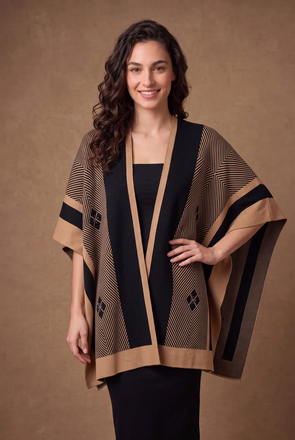 Camel & Black Colorblock Diamond Poncho Cape 2