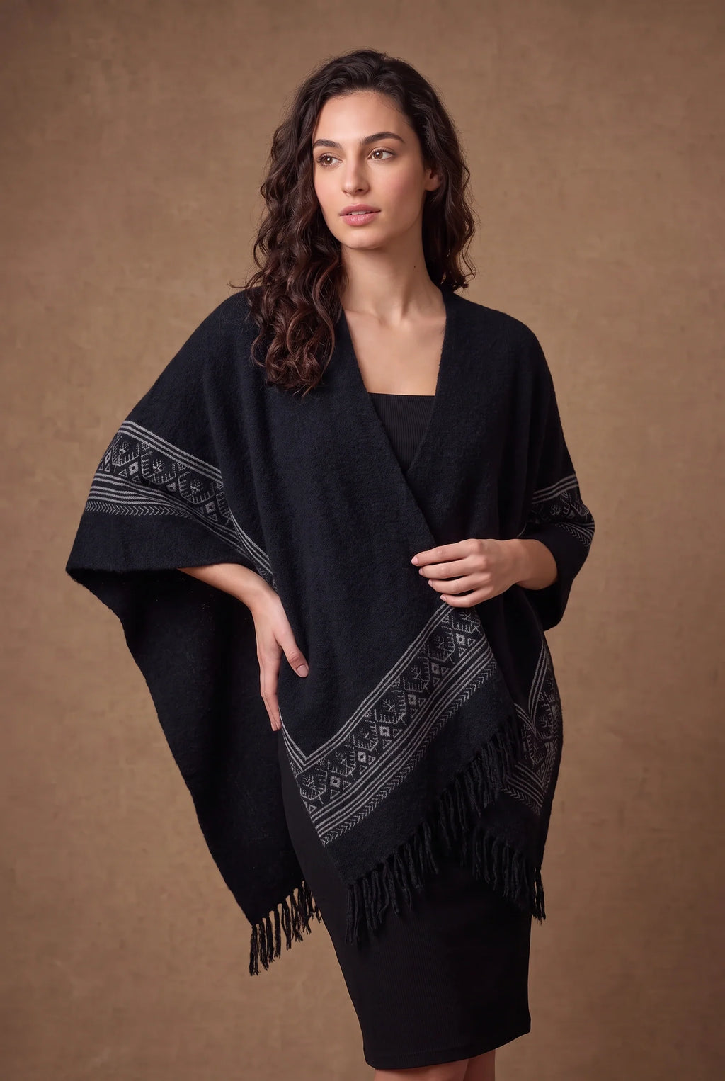Black & Ivory Tribal Band Fringed Poncho Cape 2