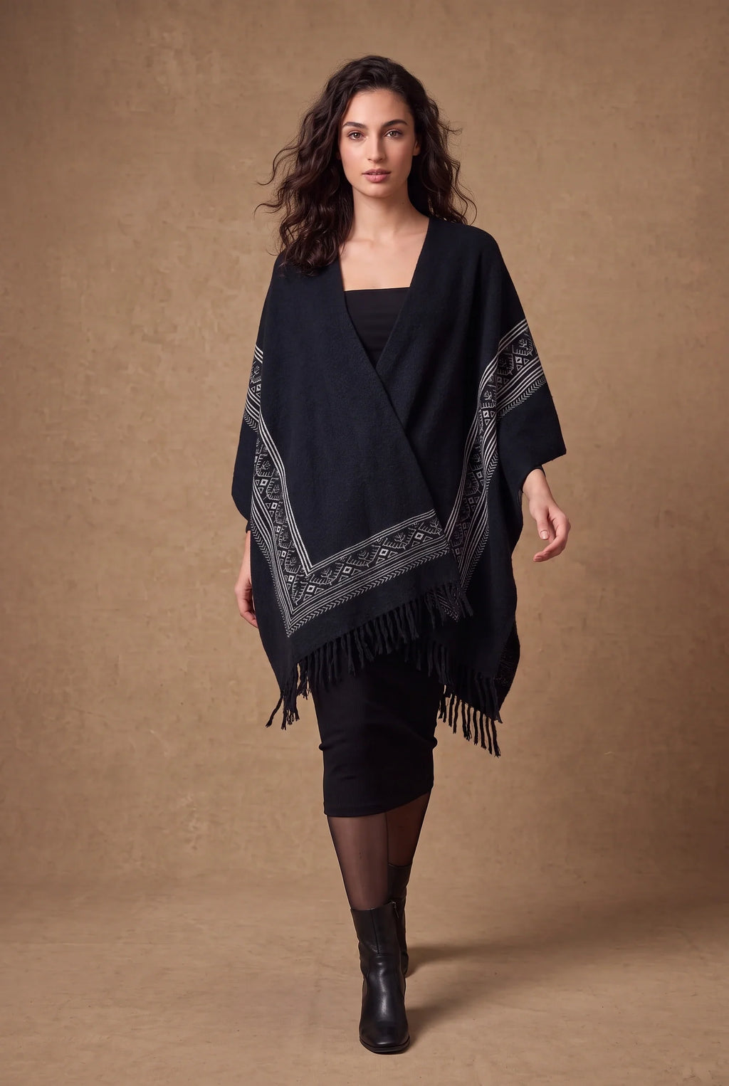 Black & Ivory Diamond Border Fringed Poncho Cape 2