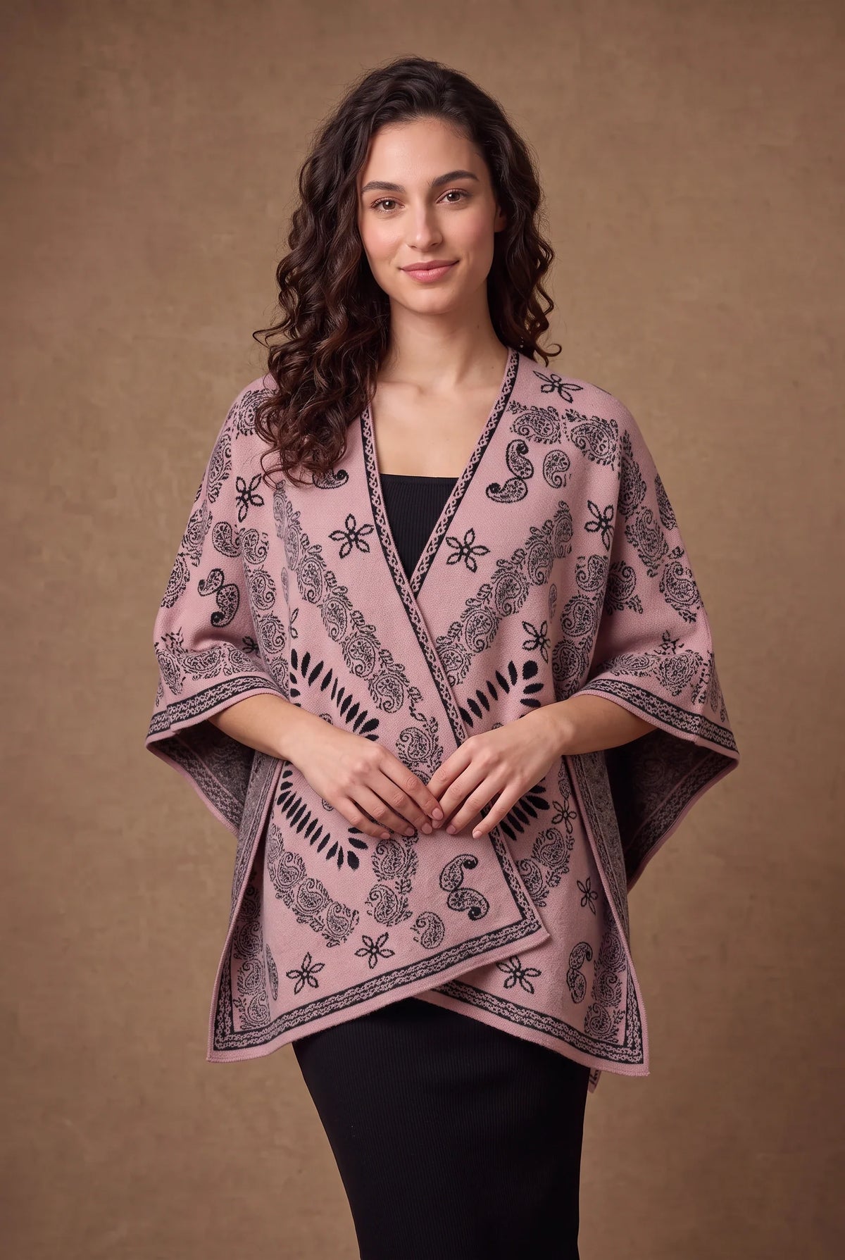 Rose Pink Paisley Jacquard Poncho Cape 2