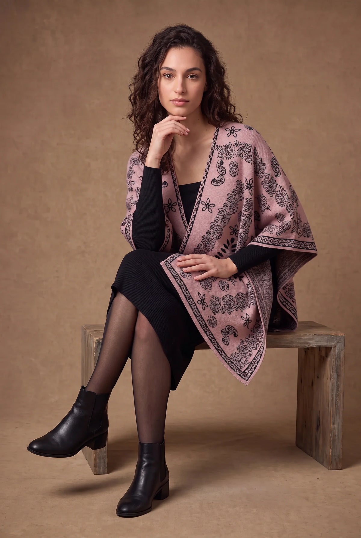 Rose Pink Paisley Jacquard Poncho Cape 1