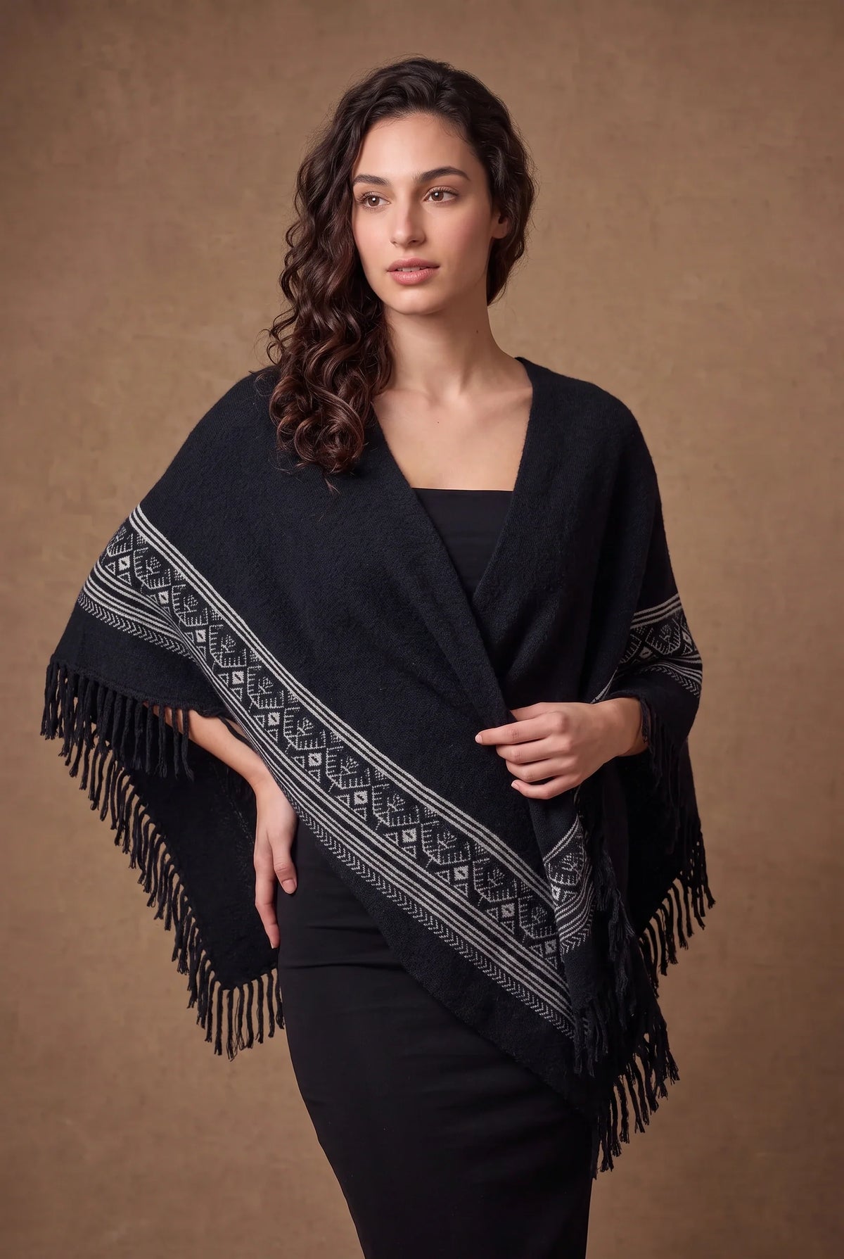 Black & Ivory Diamond Border Fringed Poncho Cape 1