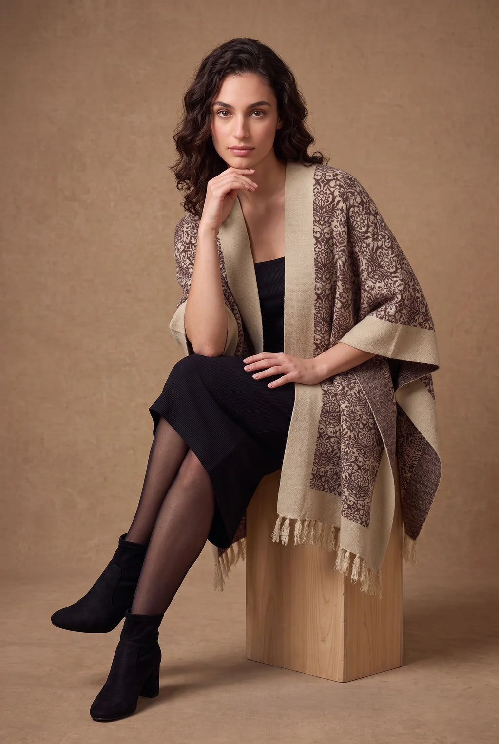 Ivory & Brown Damask Jacquard Fringed Poncho Cape 2