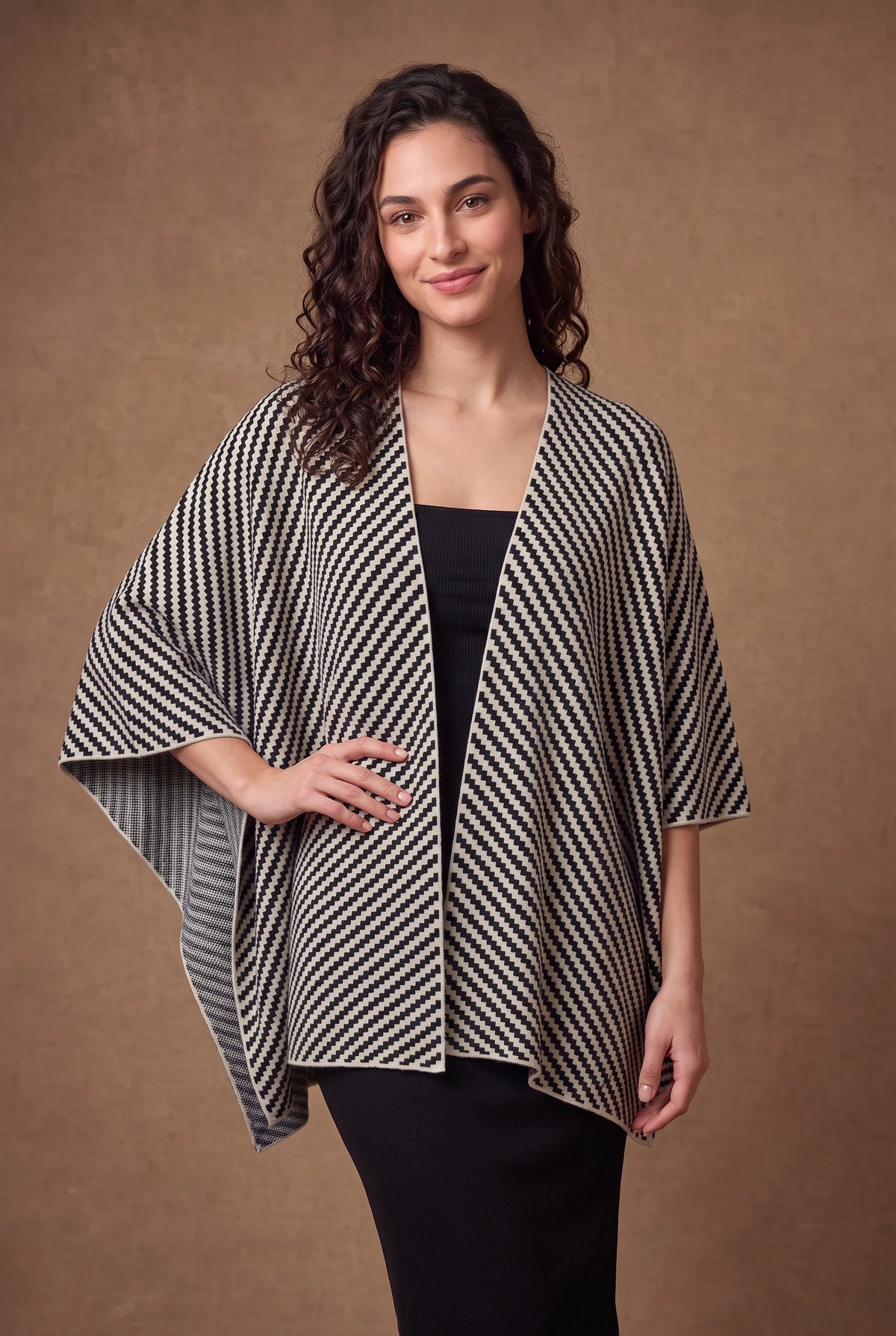 Lachi Women's Black & Ivory Herringbone Stripe Poncho Cape