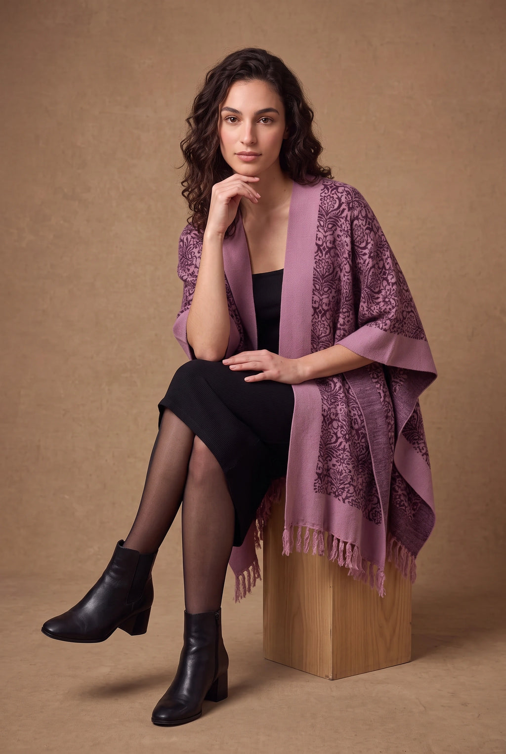 Lachi Women's Damask Jacquard Fringed Poncho Cape