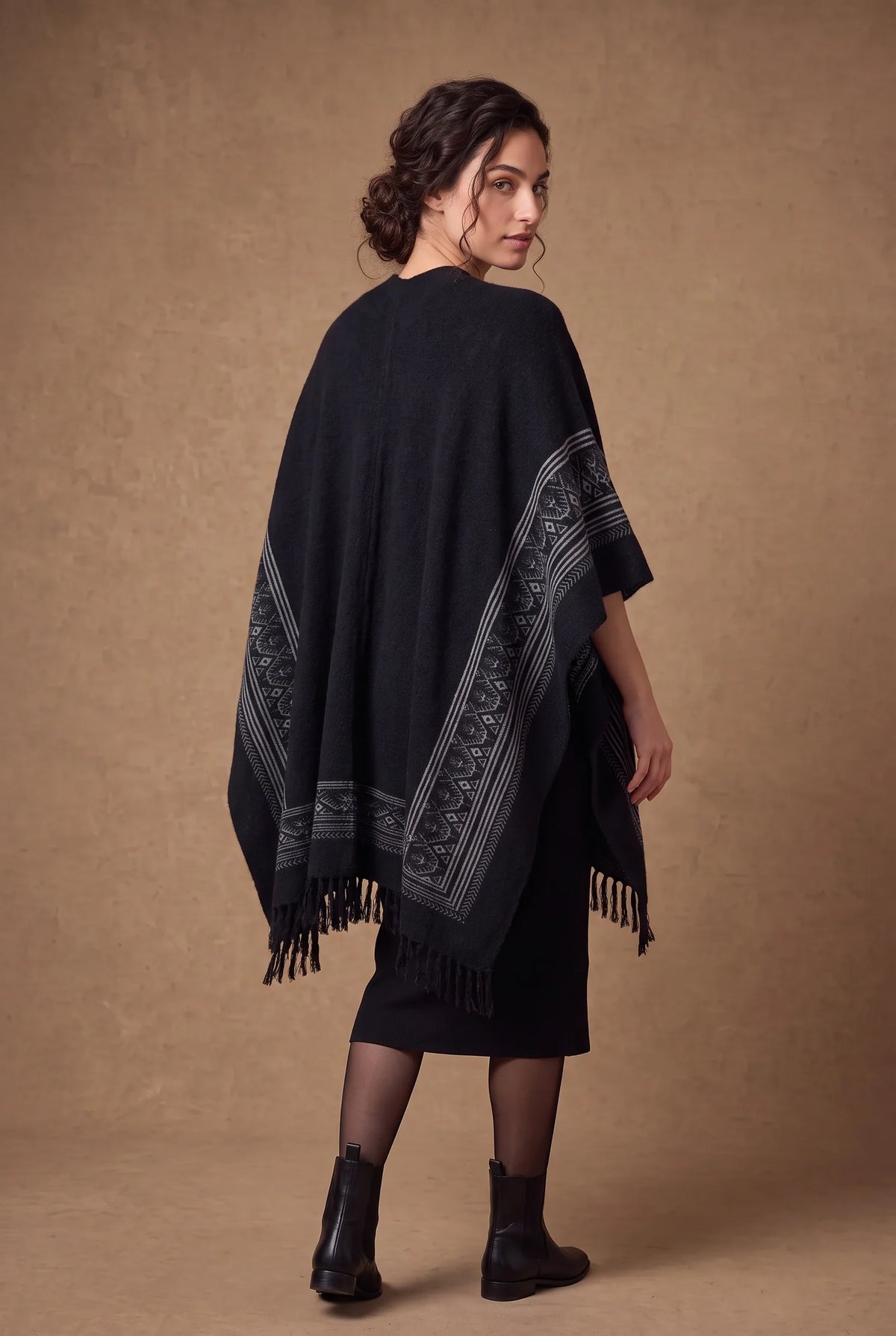 Black & Ivory Tribal Band Fringed Poncho Cape 3