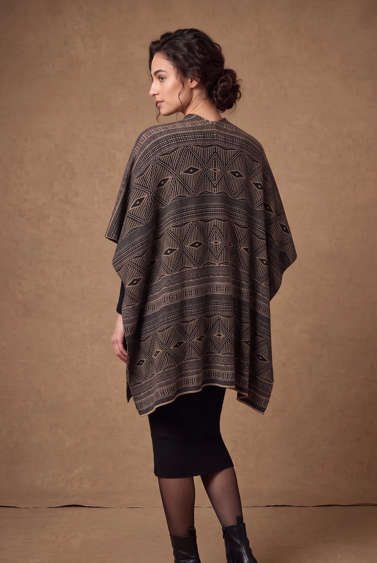 Mocha Aztec Diamond Jacquard Poncho Cape 3
