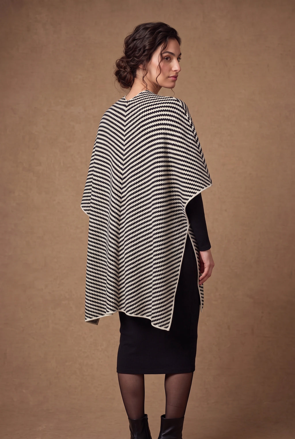 Lachi Women's Black & Ivory Herringbone Stripe Poncho Cape