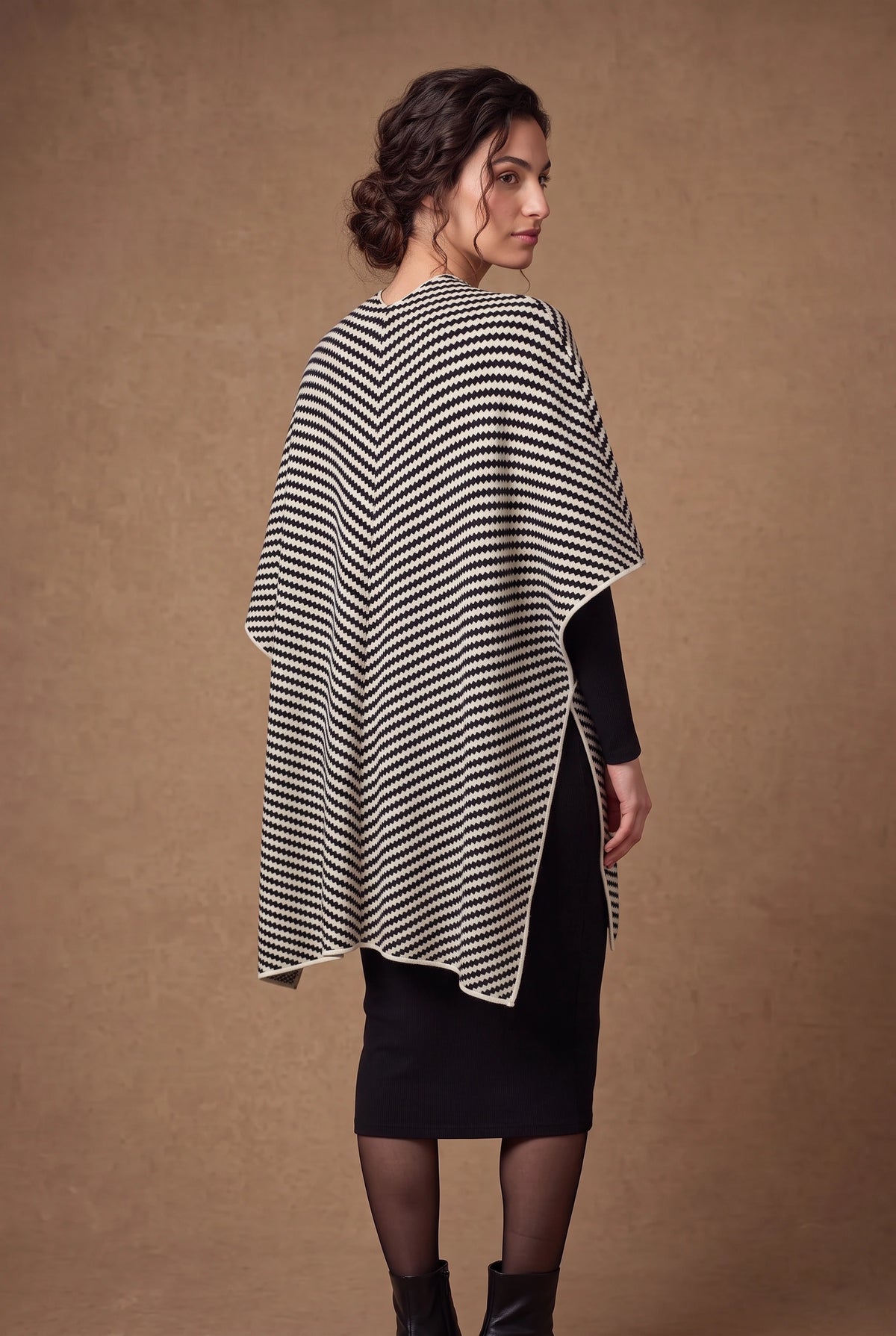 Lachi Women's Black & Ivory Herringbone Stripe Poncho Cape