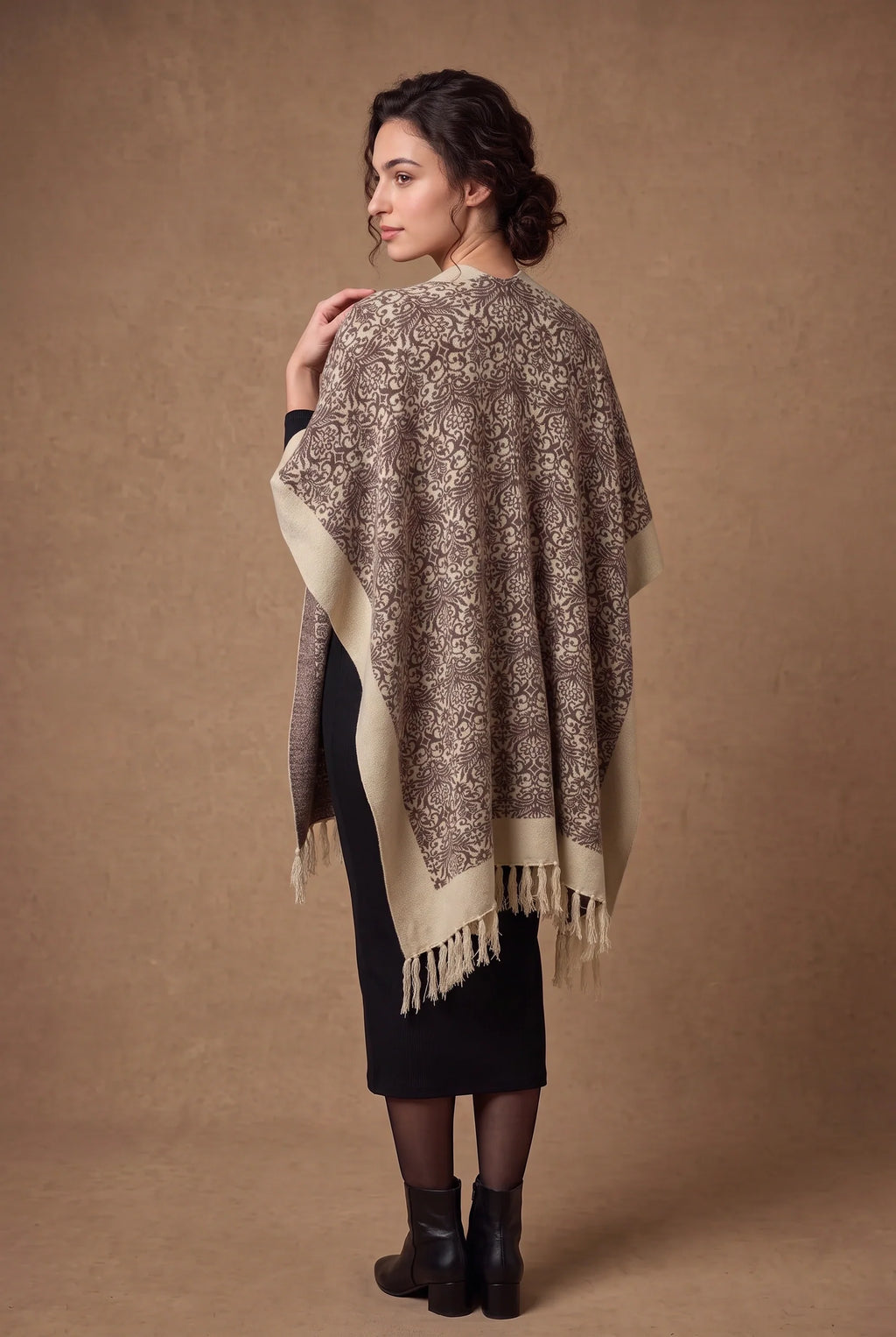 Ivory & Brown Damask Jacquard Fringed Poncho Cape 3