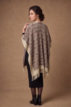 Ivory & Brown Damask Jacquard Fringed Poncho Cape 3