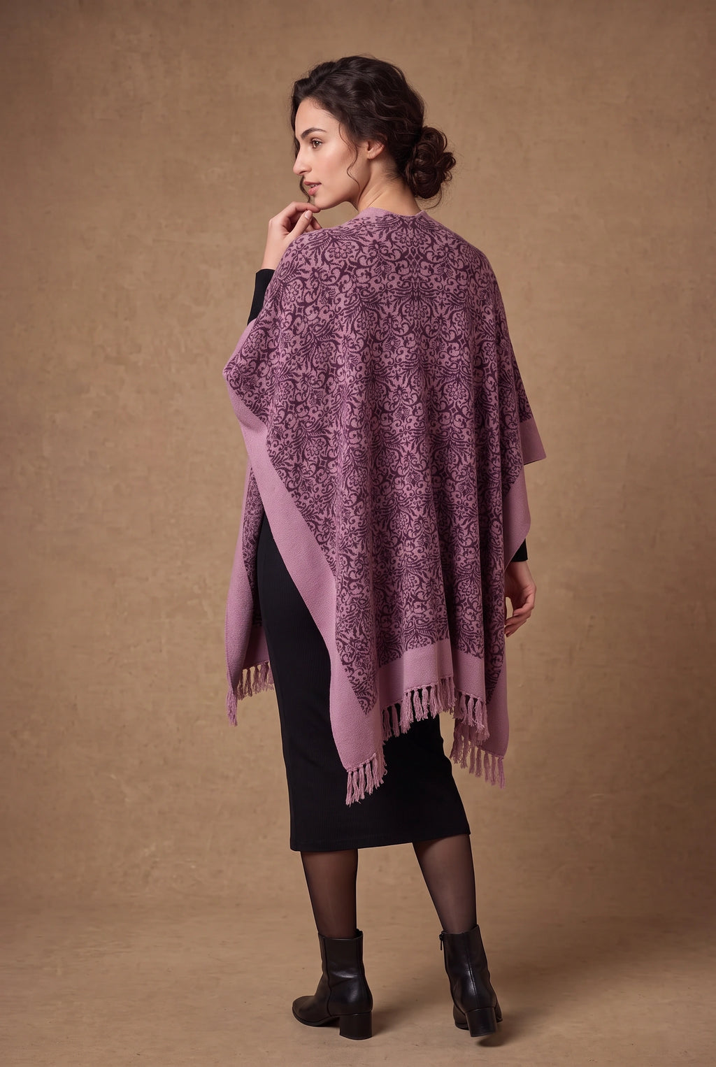 Lachi Women's Damask Jacquard Fringed Poncho Cape