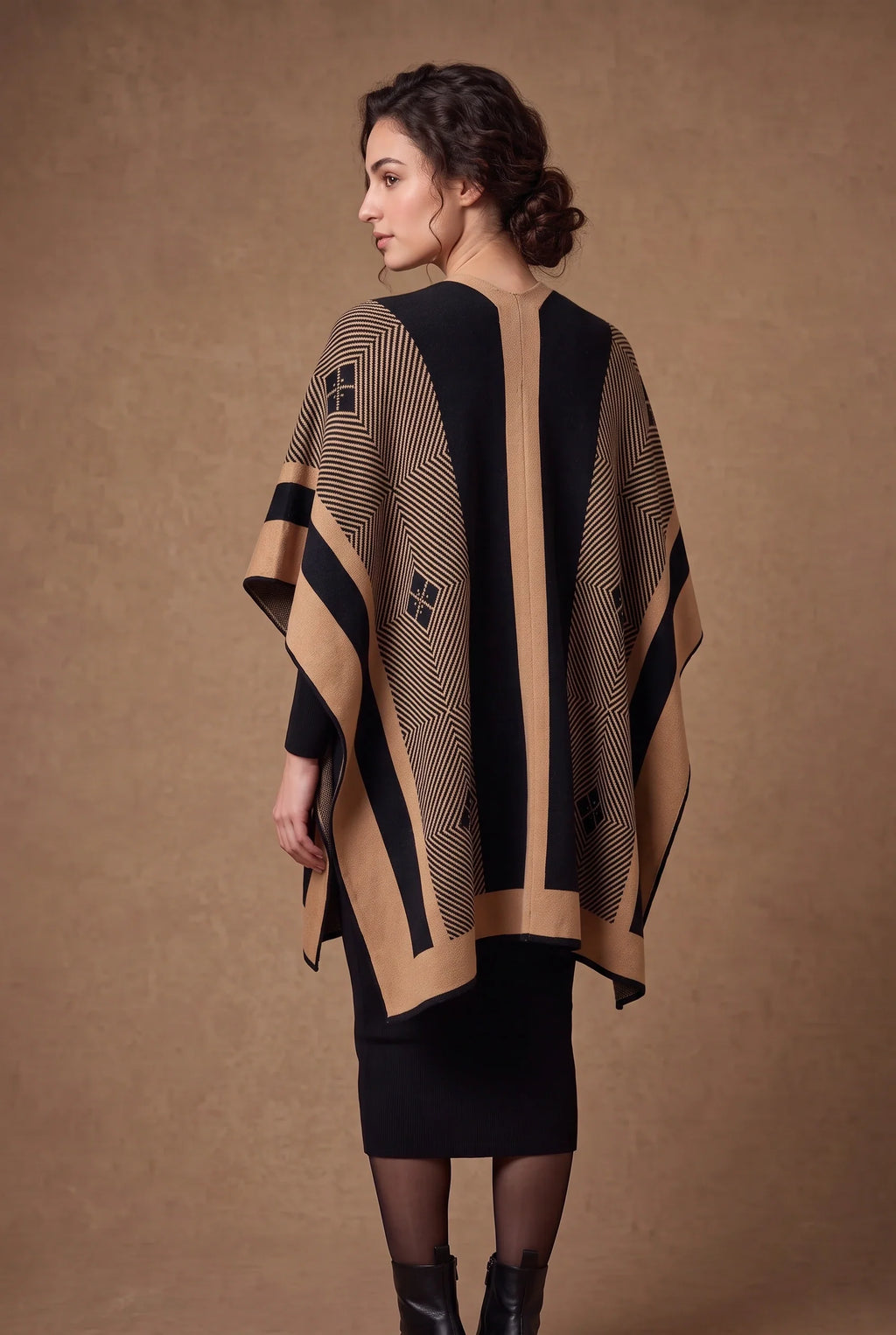 Camel & Black Colorblock Diamond Poncho Cape 3