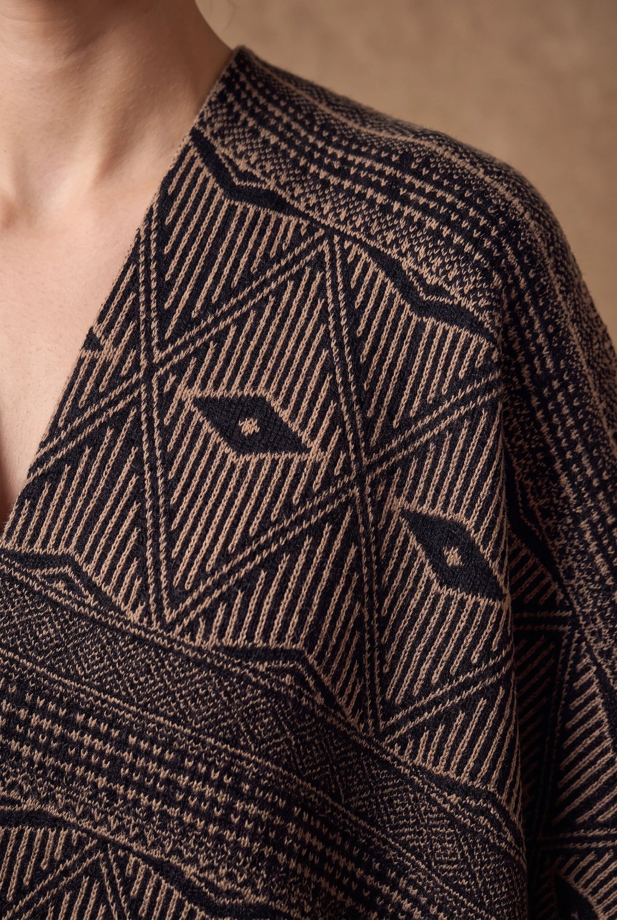 Mocha Aztec Diamond Jacquard Poncho Cape 4