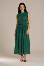 Lachi Women's Emerald Green Cotton Tiered Ruffle Maxi Dress