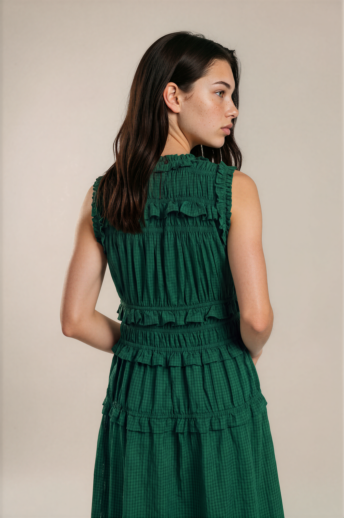Lachi Women's Emerald Green Cotton Tiered Ruffle Maxi Dress