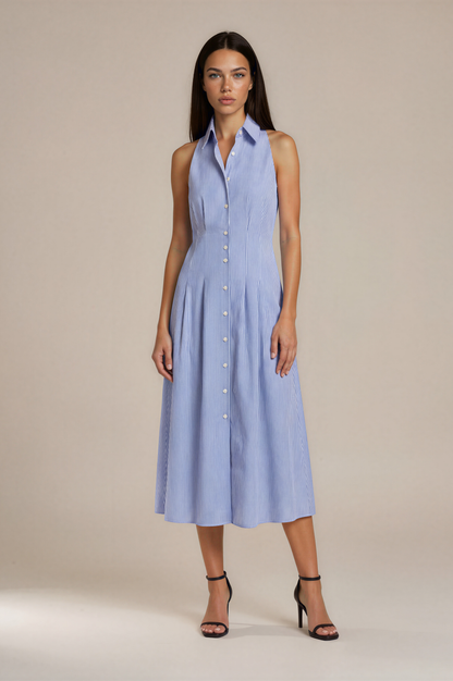 Blue Pinstripe Button-Down Midi Shirt Dress – Sleeveless