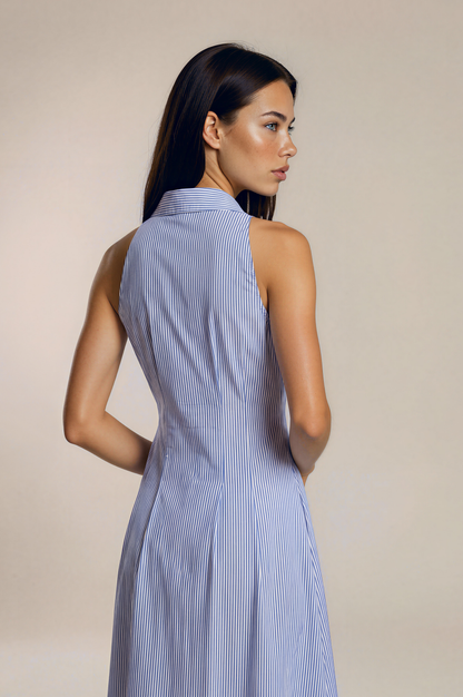 Blue Pinstripe Button-Down Midi Shirt Dress – Sleeveless