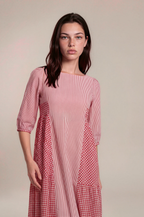 Lachi Women's Red Stripe & Gingham Cotton Panelled Midi Dress