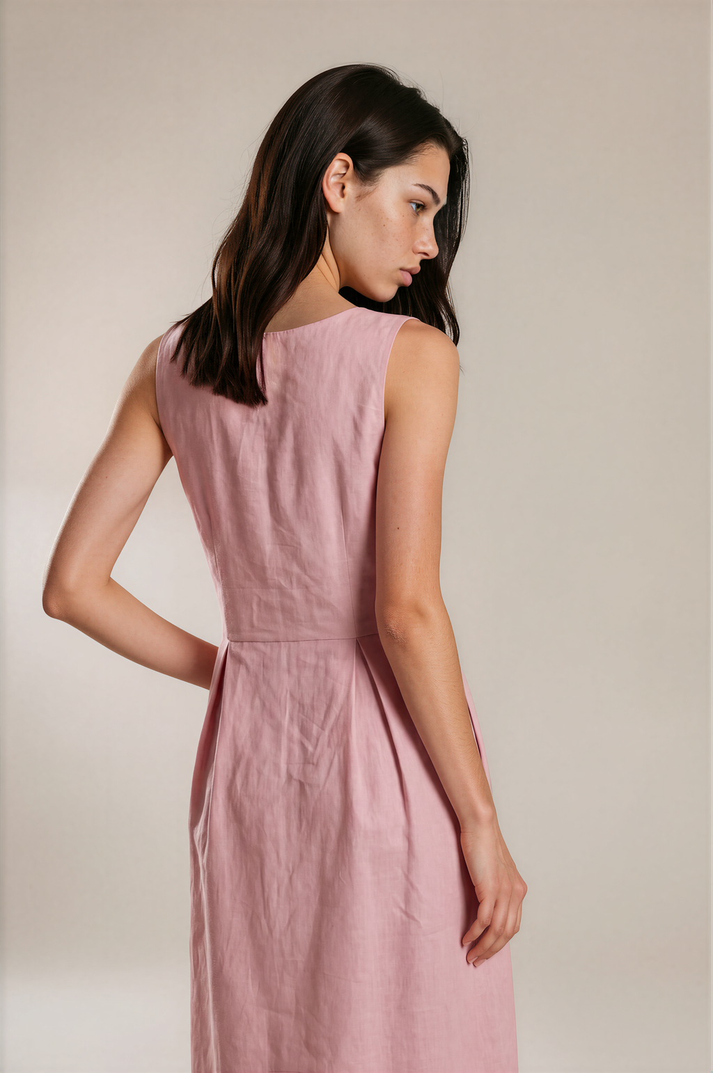 Lachi Women's Pink Cambric Cotton Button-Down Pleated Midi Dress