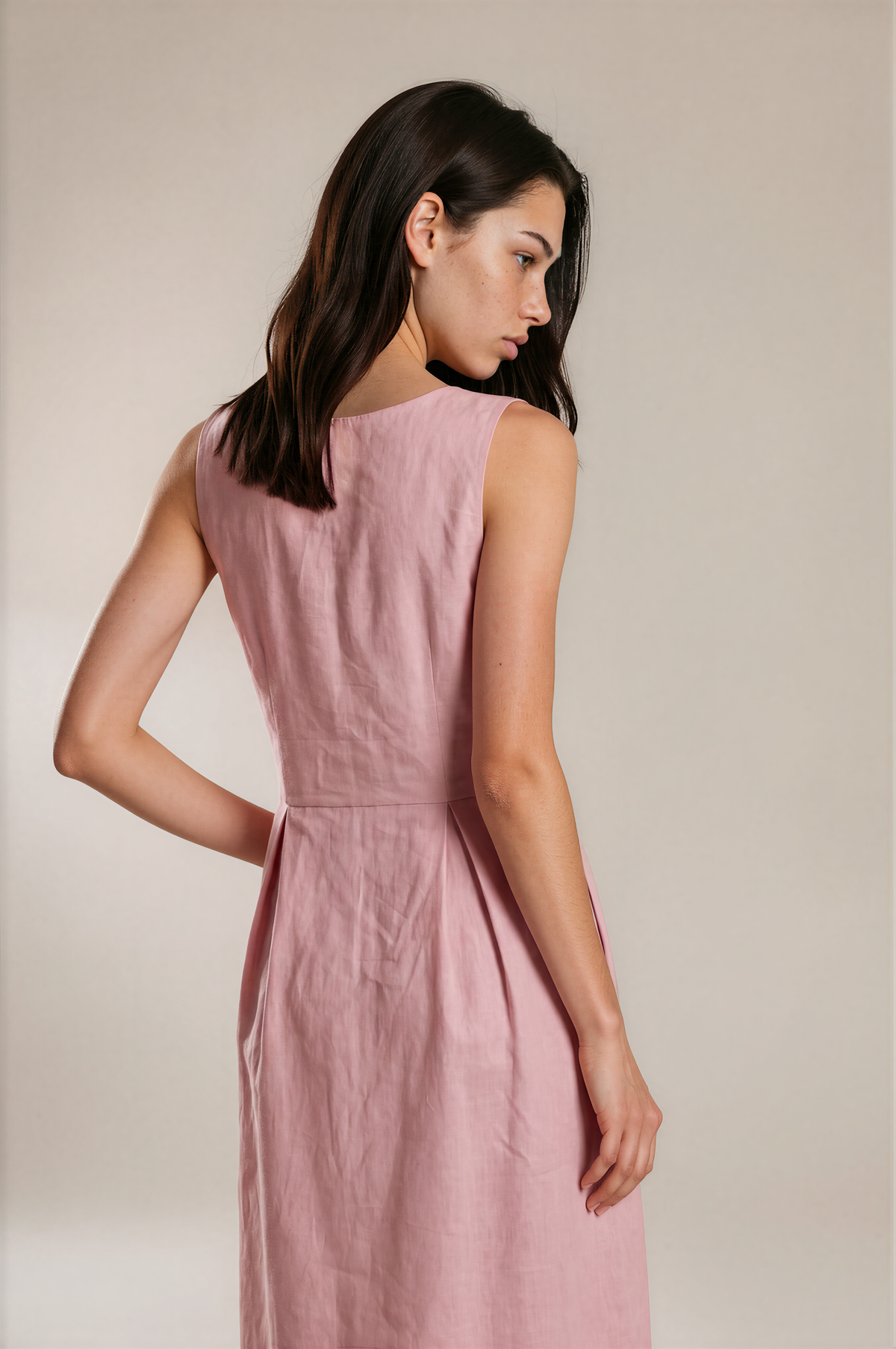 Lachi Women's Pink Cambric Cotton Button-Down Pleated Midi Dress