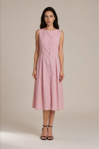 Lachi Women's Pink Cambric Cotton Button-Down Pleated Midi Dress