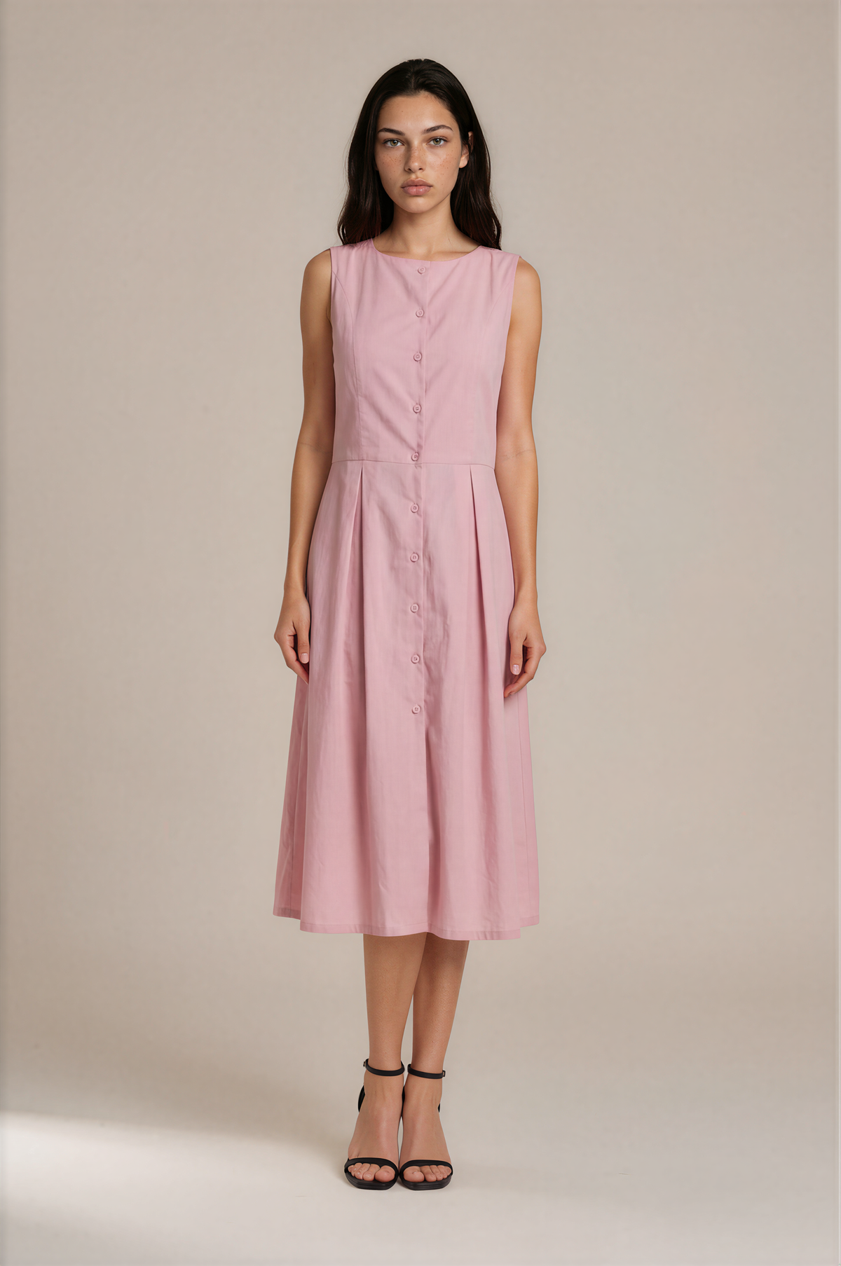Lachi Women's Pink Cambric Cotton Button-Down Pleated Midi Dress