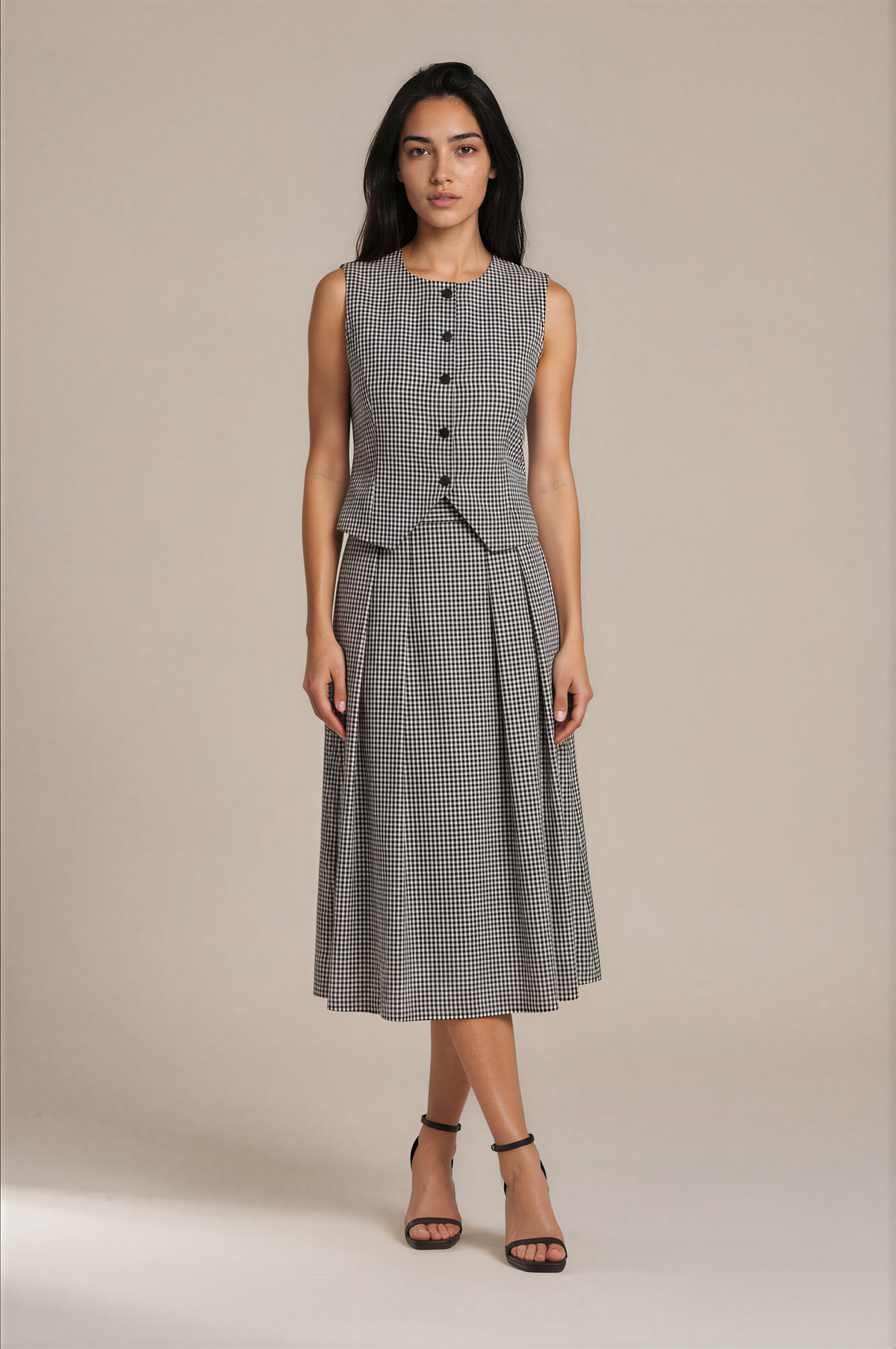 Lachi Women's Monochrome Gingham Cotton Vest & Pleated Midi Co-ord Set