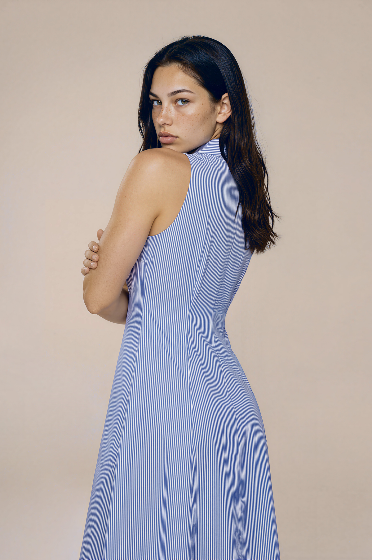 Blue Pinstripe Button-Down Midi Shirt Dress – Sleeveless