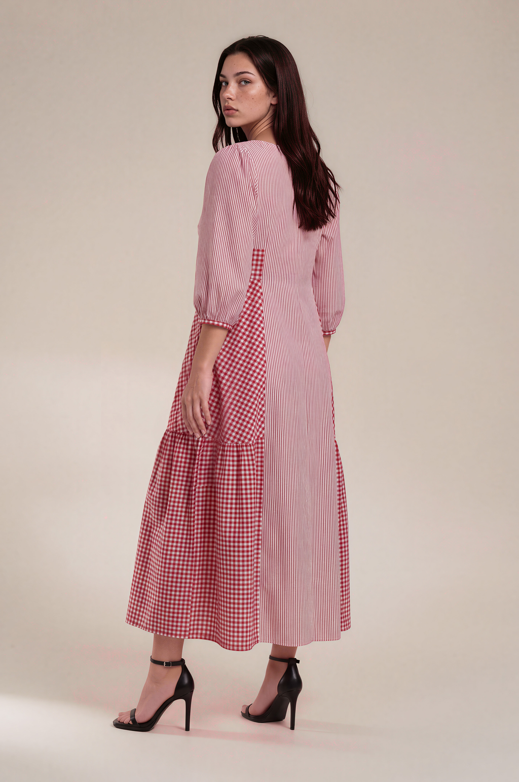 Lachi Women's Red Stripe & Gingham Cotton Panelled Midi Dress