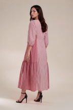 Lachi Women's Red Stripe & Gingham Cotton Panelled Midi Dress