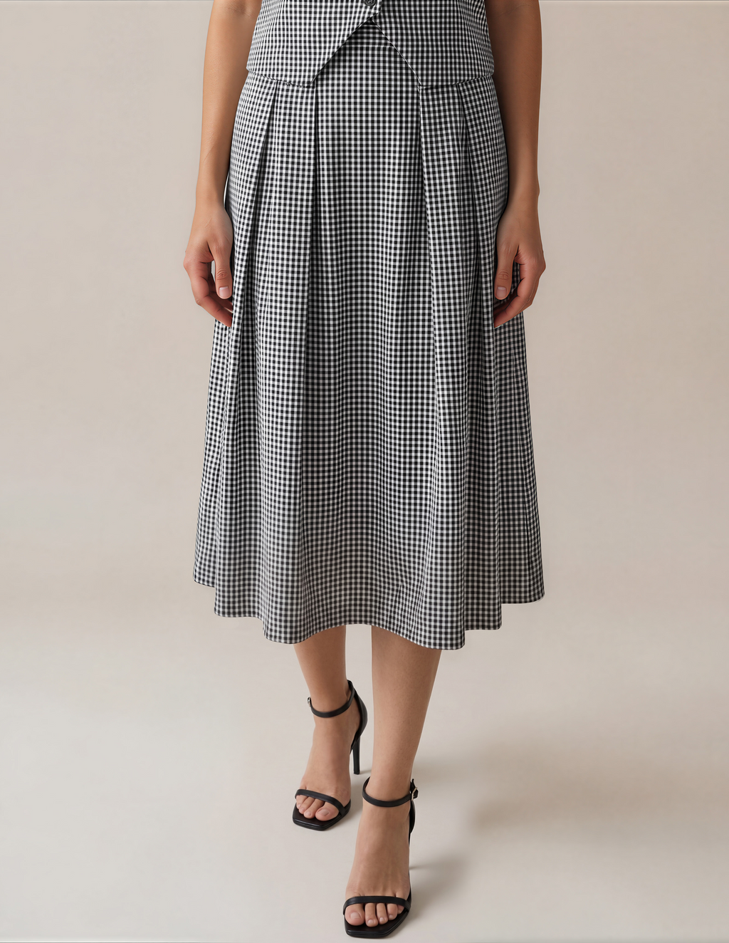 Lachi Women's Monochrome Gingham Cotton Vest & Pleated Midi Co-ord Set