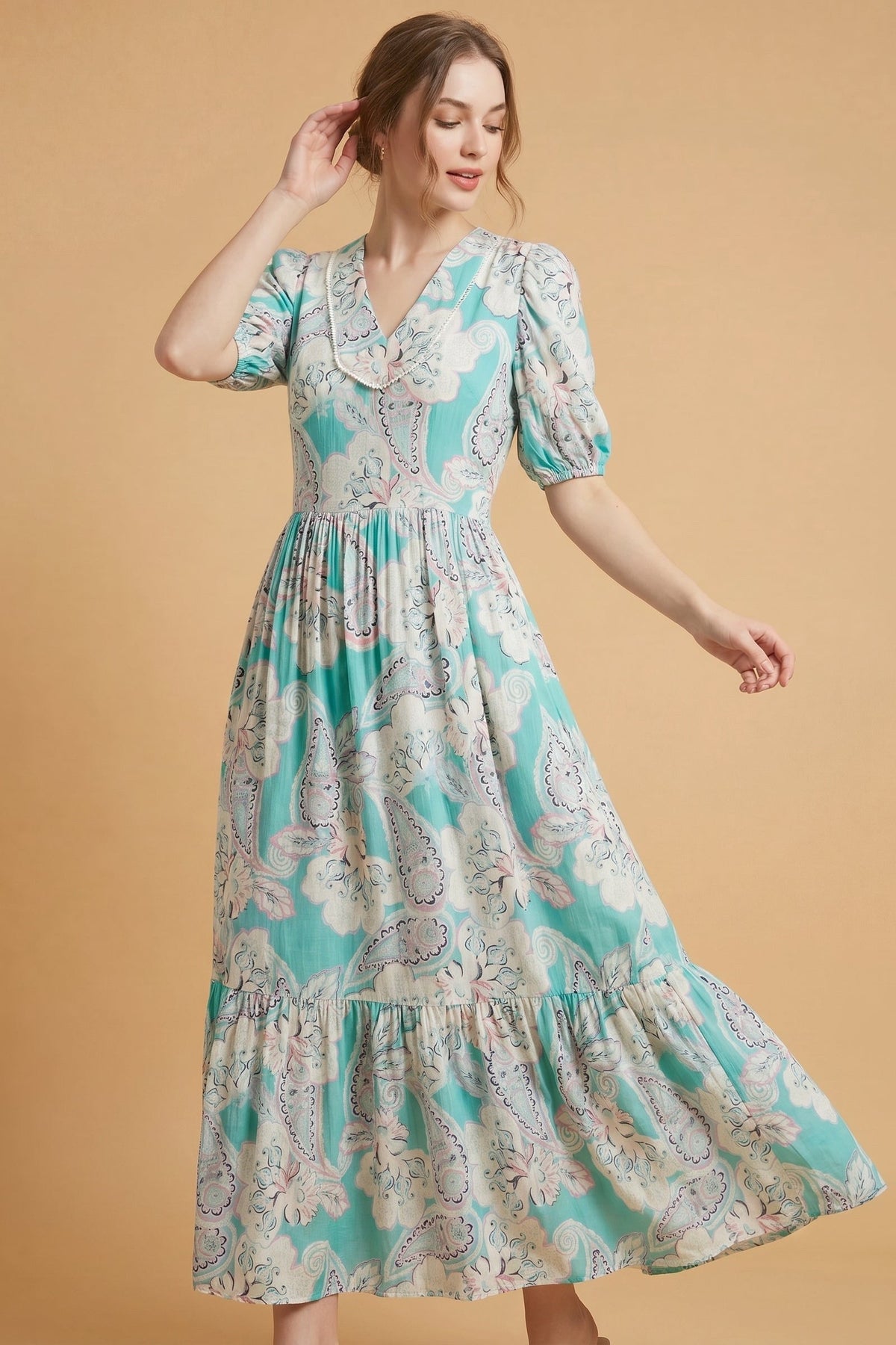 Lachi Women's Aqua Paisley Print Viscose Maxi Dress