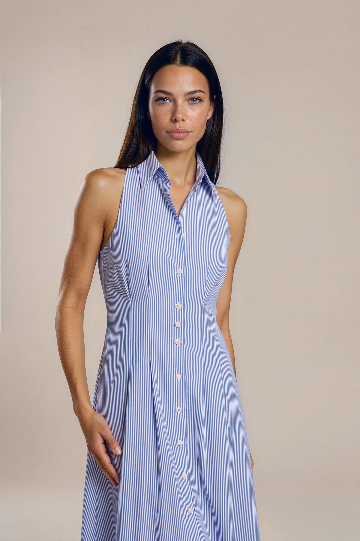 Lachi Women's Blue Pinstripe Cotton Sleeveless Midi Shirt Dress