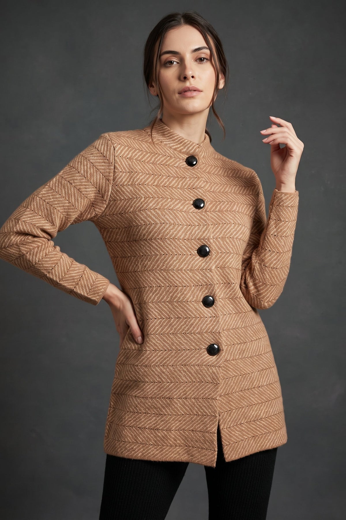 Lachi Women's Camel Herringbone Knitted Cardigan