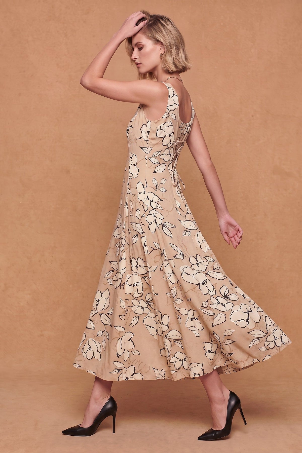 Lachi Women's Camel Floral Print Viscose Midi Dress