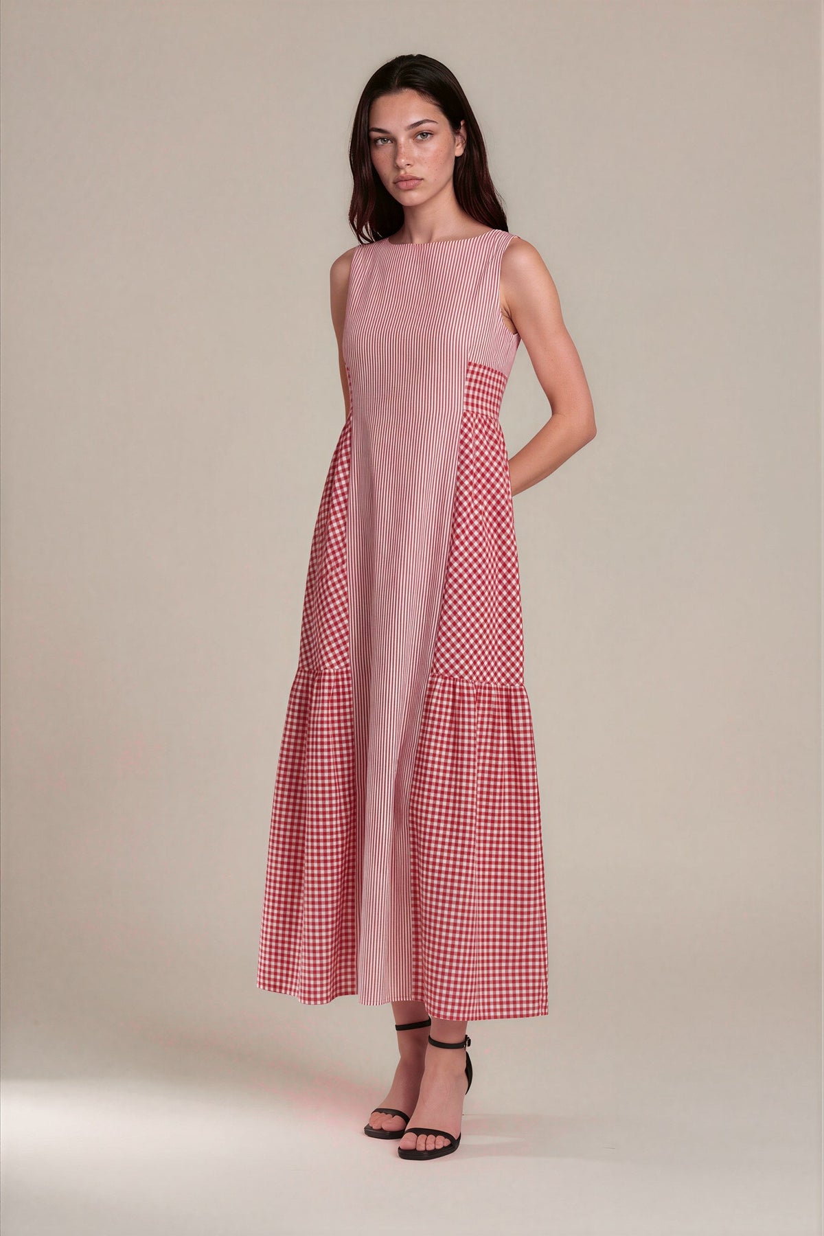 Lachi Women's Red Gingham Check Cotton Maxi Dress