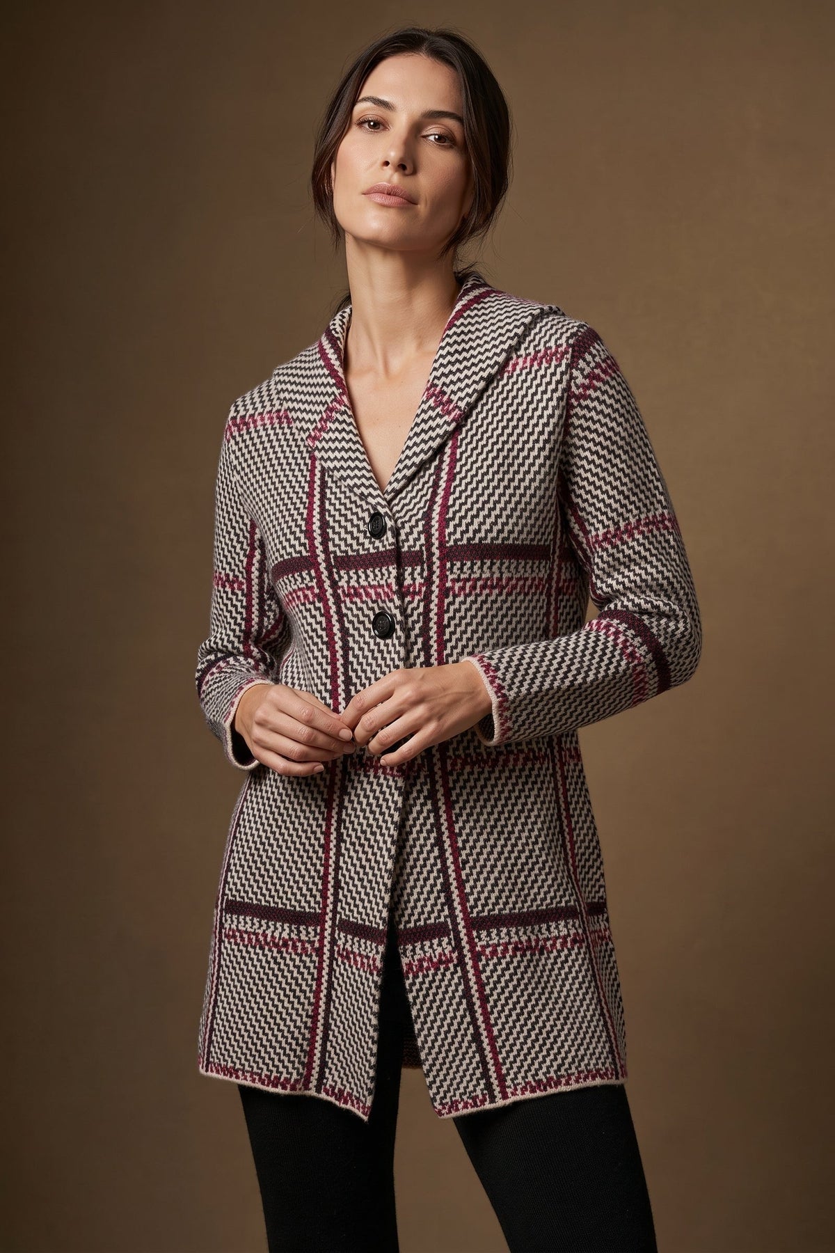 Claret Windowpane Check Knitted Cardigan 1