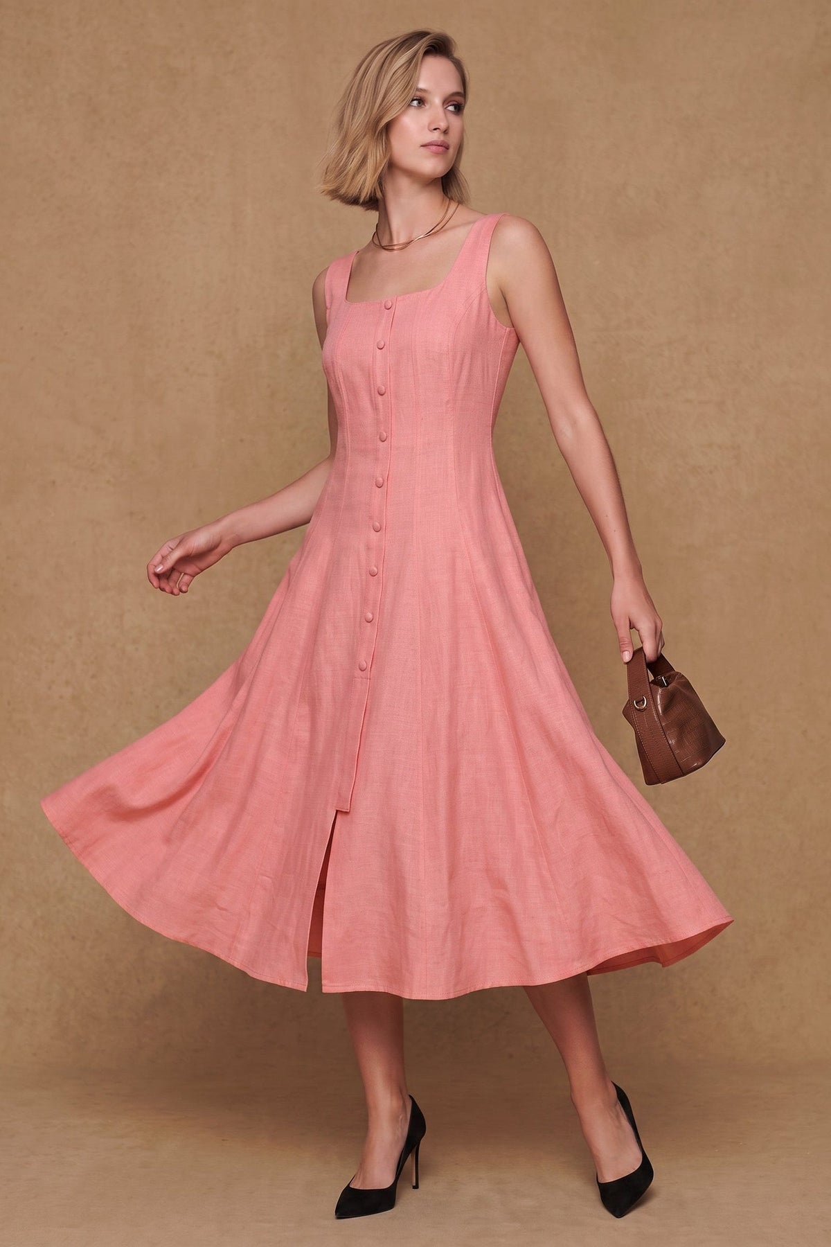 Lachi Women's Coral Viscose Blend Button-Front Midi Dress