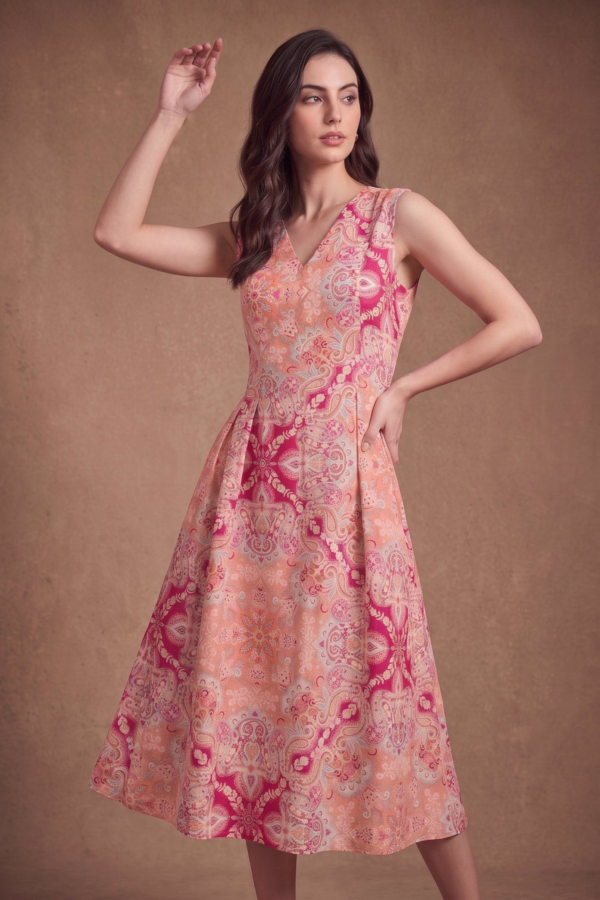 Lachi Women's Coral Paisley Print Viscose Sleeveless Midi Dress
