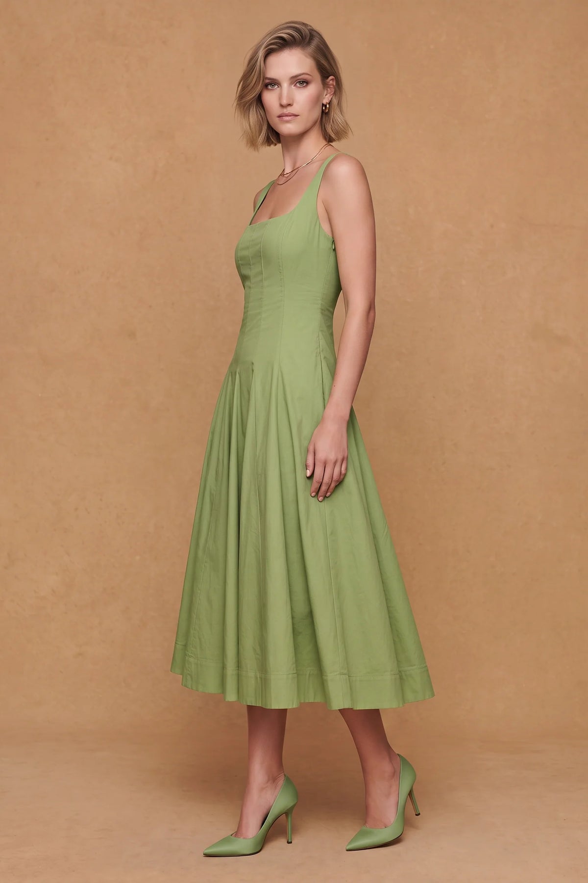 Lachi Women's Marigold & Jade Pleated Cotton Poplin Midi Dress