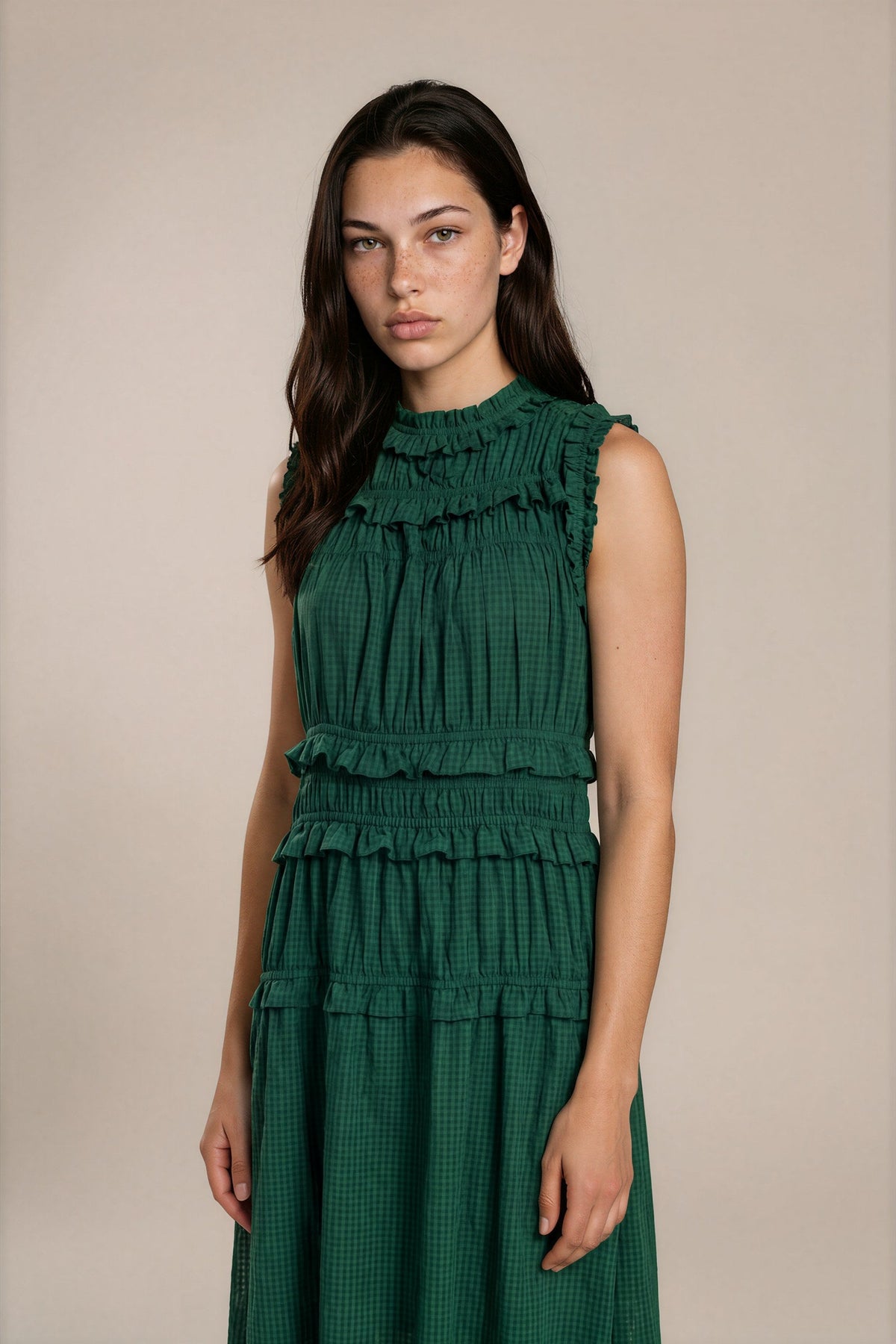 Lachi Women's Emerald Green Cotton Tiered Ruffle Maxi Dress