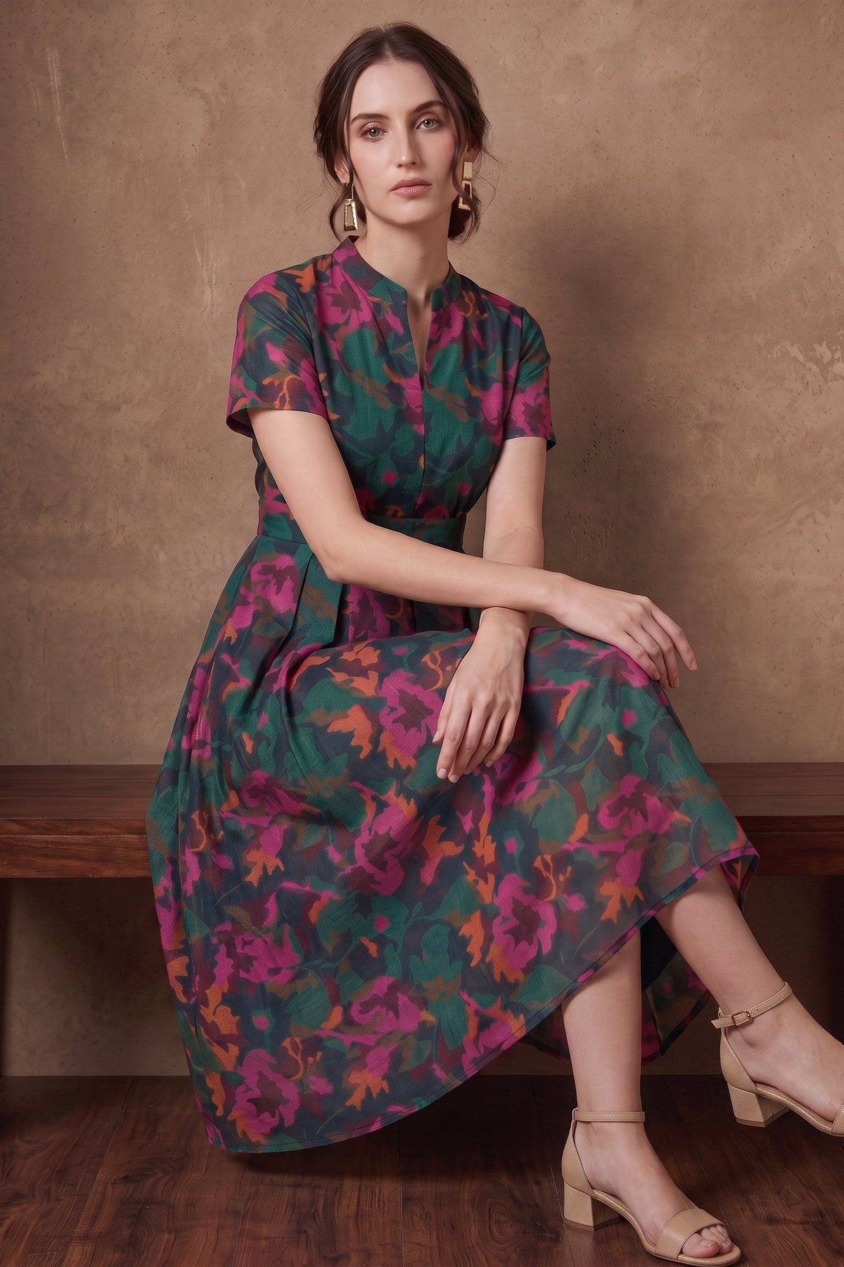 Lachi Women's Floral Print Kota Doria Midi Dress