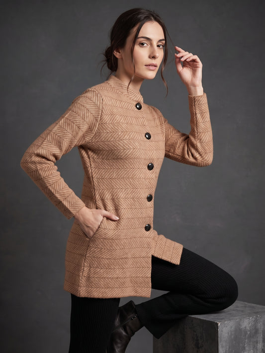 Camel Herringbone Cardigan