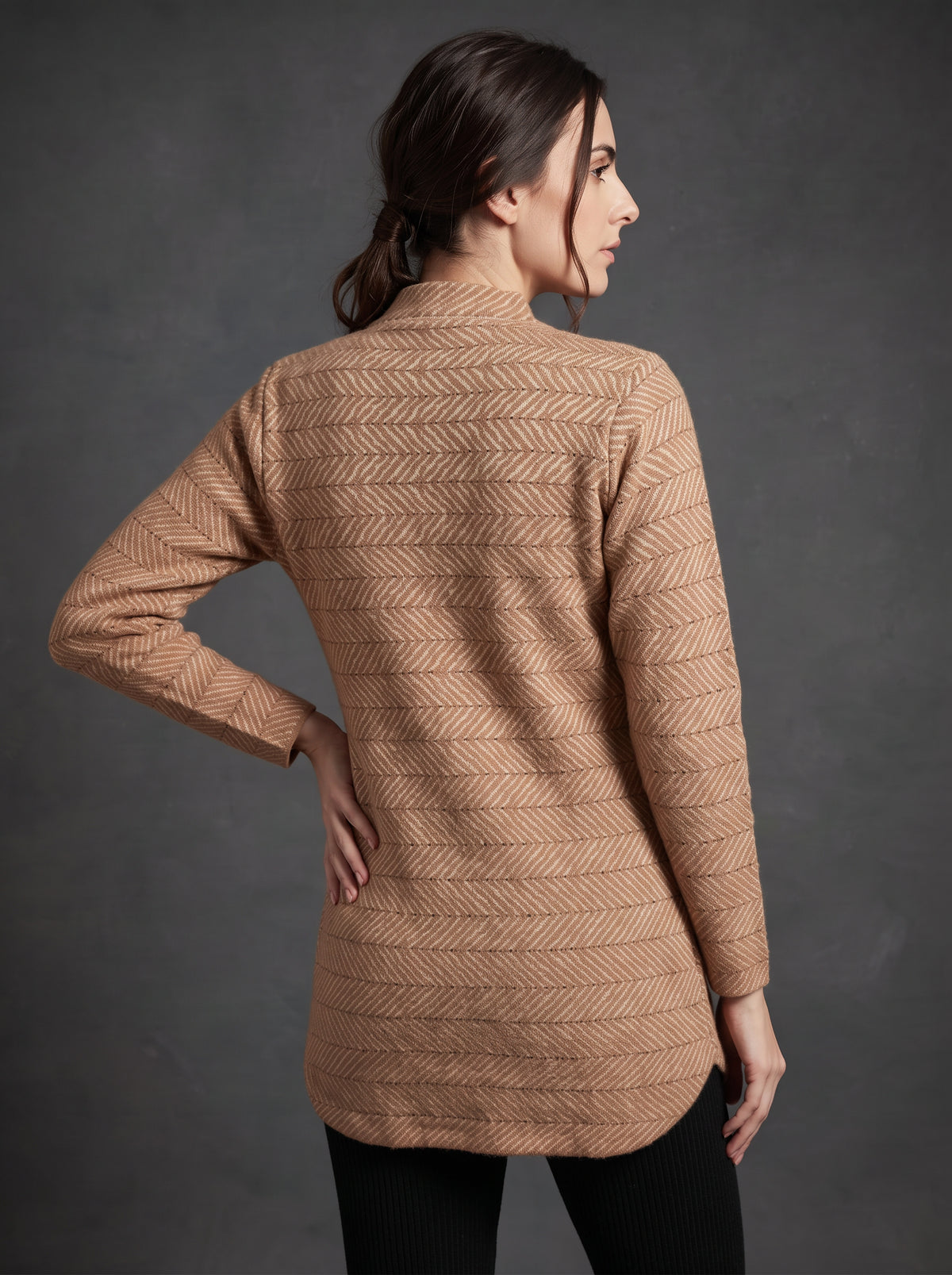 Lachi Women's Camel Herringbone Knitted Cardigan