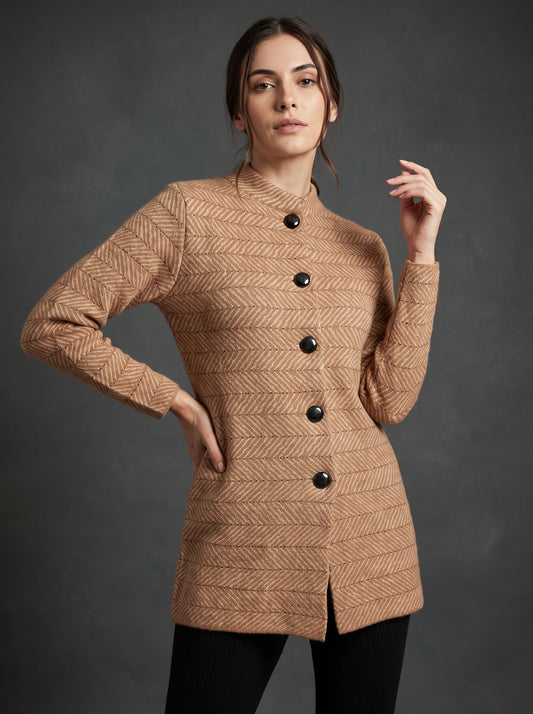 Camel Herringbone Cardigan