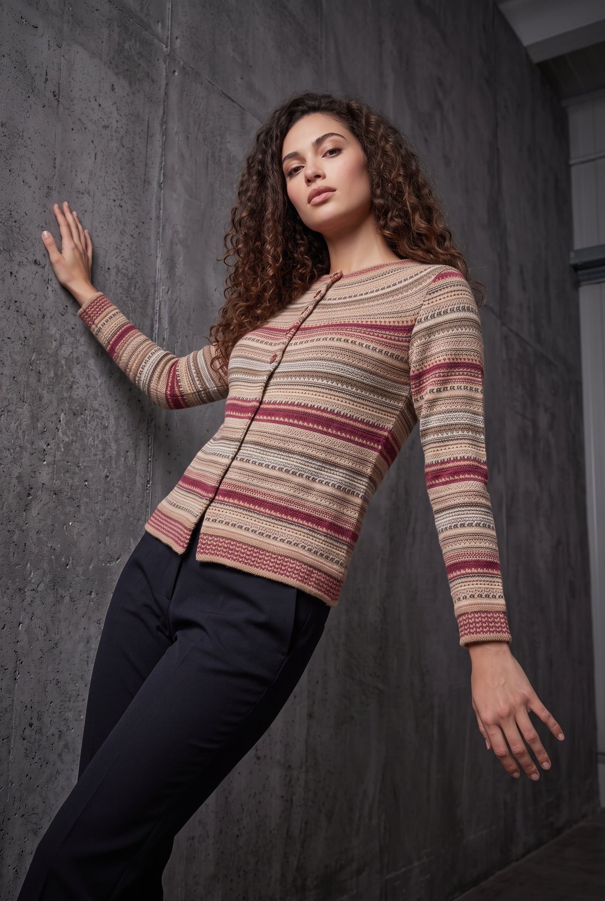 Lachi Women's Sandstone Striped Acrylic Knit Cardigan